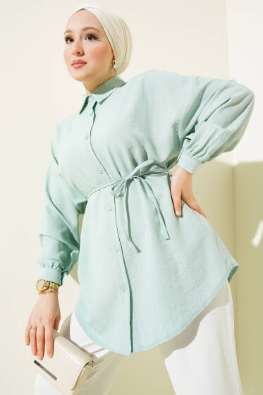 İp Kuşaklı Ağaç Kabuğu Gömlek Mint - Gömlek