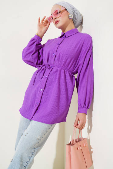 İp Kuşaklı Ağaç Kabuğu Gömlek Mor - Gömlek