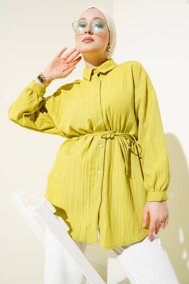 İp Kuşaklı Ağaç Kabuğu Gömlek Yağ Yeşili - Gömlek