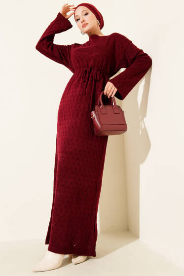 İp Kuşaklı Ajurlu Triko Elbise Bordo - Elbise