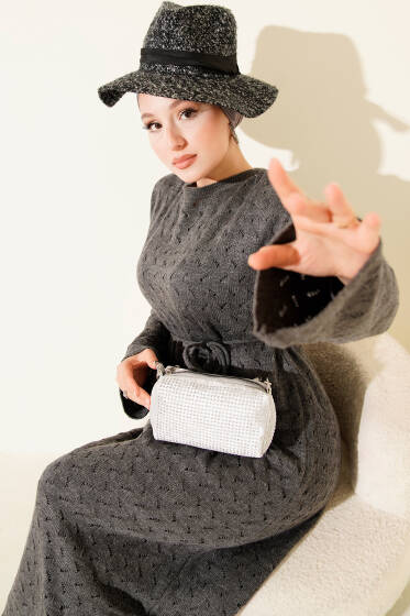 İp Kuşaklı Ajurlu Triko Elbise Füme - Elbise