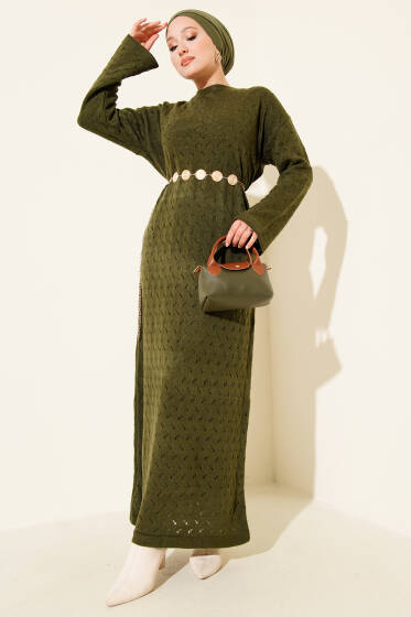 İp Kuşaklı Ajurlu Triko Elbise Haki - Elbise