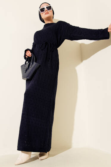 İp Kuşaklı Ajurlu Triko Elbise Lacivert - Elbise