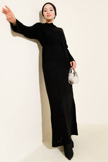 İp Kuşaklı Ajurlu Triko Elbise Siyah - Elbise