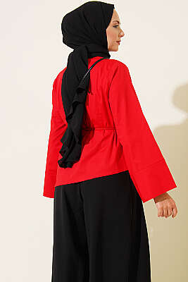 İp Kuşaklı Asimetrik Kesim Bluz Kırmızı - Uzun Kollu Bluz
