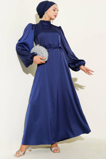 İp Kuşaklı Balon Kol Abiye Elbise Lacivert - Elbise