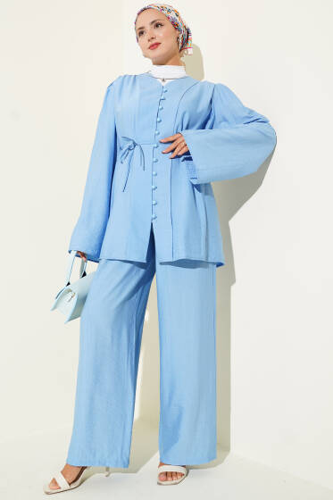 İp Kuşaklı Brit Düğmeli İkili Takım Mavi - İkili Takım