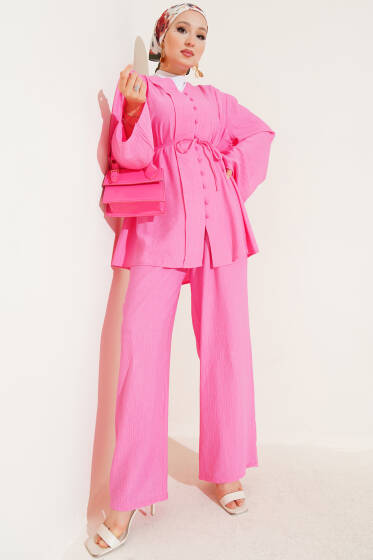 İp Kuşaklı Brit Düğmeli İkili Takım Pembe - İkili Takım
