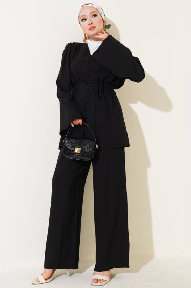 İp Kuşaklı Brit Düğmeli İkili Takım Siyah - İkili Takım