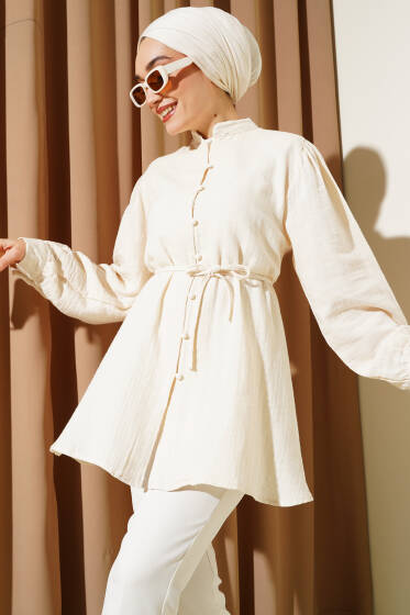 İp Kuşaklı Brit Düğmeli Müslin Gömlek Bej - Gömlek