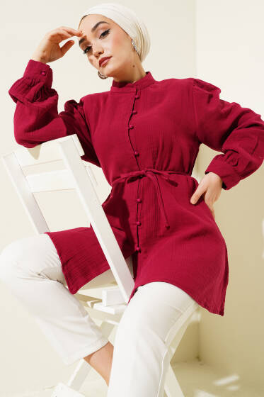 İp Kuşaklı Brit Düğmeli Müslin Gömlek Bordo - Gömlek