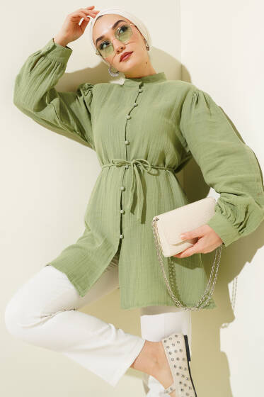 İp Kuşaklı Brit Düğmeli Müslin Gömlek Çağla Yeşili - Gömlek