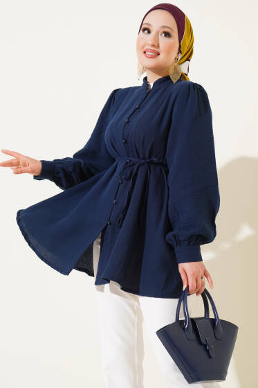 İp Kuşaklı Brit Düğmeli Müslin Gömlek Lacivert - Gömlek