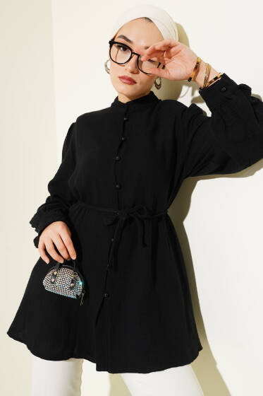 İp Kuşaklı Brit Düğmeli Müslin Gömlek Siyah - Gömlek