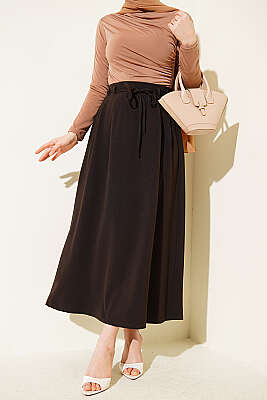 İp Kuşaklı Çift Pensli Etek Acı Kahve - VAV TEKSTİL