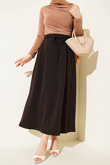 İp Kuşaklı Çift Pensli Etek Acı Kahve - Etek