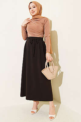 İp Kuşaklı Çift Pensli Etek Acı Kahve - Etek