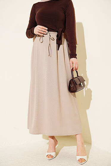 İp Kuşaklı Çift Pensli Etek Bej - Etek