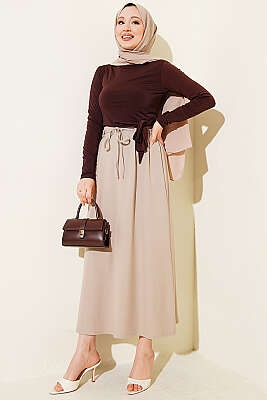 İp Kuşaklı Çift Pensli Etek Bej - Etek