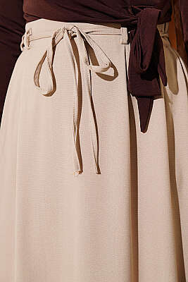 İp Kuşaklı Çift Pensli Etek Bej - Etek