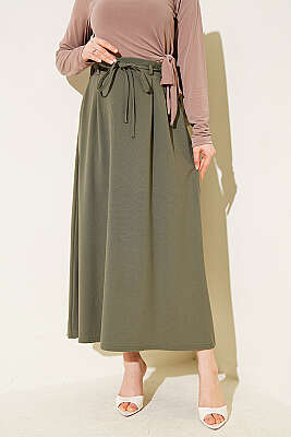 İp Kuşaklı Çift Pensli Etek Haki - VAV TEKSTİL