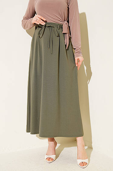 İp Kuşaklı Çift Pensli Etek Haki - Etek