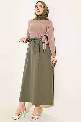 İp Kuşaklı Çift Pensli Etek Haki - Etek