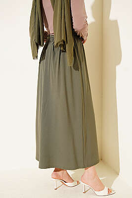 İp Kuşaklı Çift Pensli Etek Haki - Etek