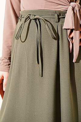 İp Kuşaklı Çift Pensli Etek Haki - Etek