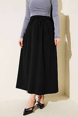 İp Kuşaklı Çift Pensli Etek Siyah - VAV TEKSTİL