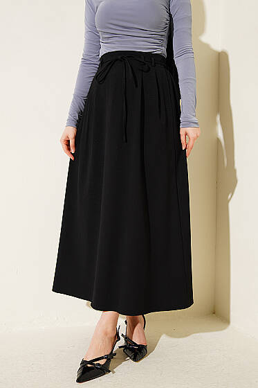 İp Kuşaklı Çift Pensli Etek Siyah - Etek