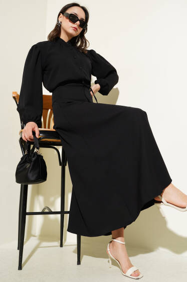 İp Kuşaklı Düğmeli Etekli İkili Takım Siyah - İkili Takım