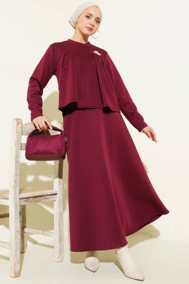 İp Kuşaklı Etekli Scuba İkili Takım Bordo - İkili Takım