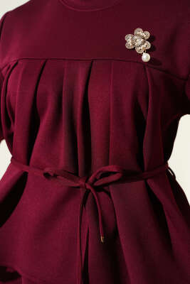 İp Kuşaklı Etekli Scuba İkili Takım Bordo - İkili Takım