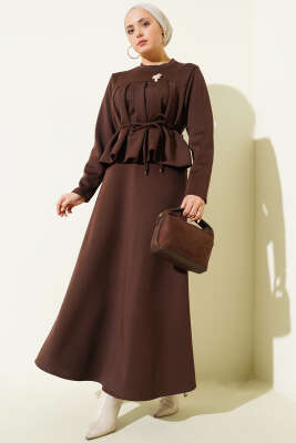 İp Kuşaklı Etekli Scuba İkili Takım Kahve - TABLO FASHİON