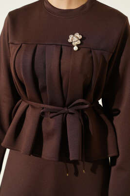 İp Kuşaklı Etekli Scuba İkili Takım Kahve - İkili Takım