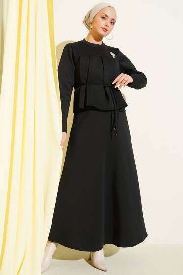 İp Kuşaklı Etekli Scuba İkili Takım Siyah - İkili Takım