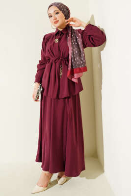 İp Kuşaklı Etekli Tensel İkili Takım Bordo - NESSİA