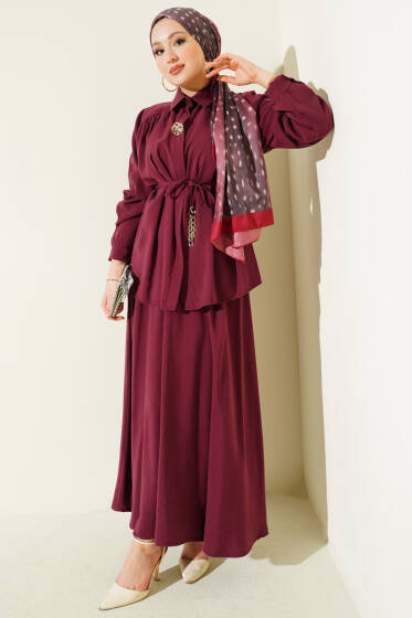 İp Kuşaklı Etekli Tensel İkili Takım Bordo - İkili Takım