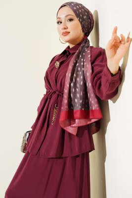 İp Kuşaklı Etekli Tensel İkili Takım Bordo - İkili Takım