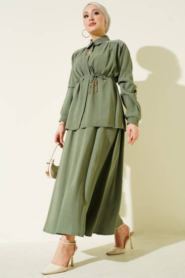 İp Kuşaklı Etekli Tensel İkili Takım Çağla Yeşili - İkili Takım