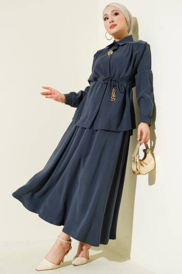 İp Kuşaklı Etekli Tensel İkili Takım Füme - İkili Takım