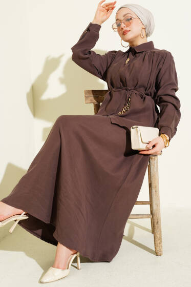 İp Kuşaklı Etekli Tensel İkili Takım Kahve - İkili Takım