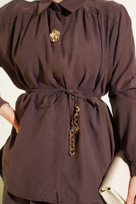 İp Kuşaklı Etekli Tensel İkili Takım Kahve - İkili Takım