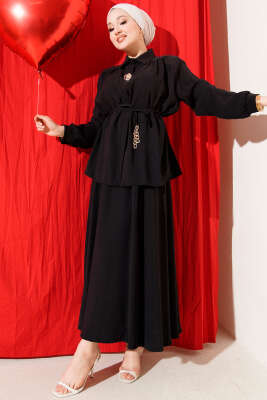 İp Kuşaklı Etekli Tensel İkili Takım Siyah - NESSİA