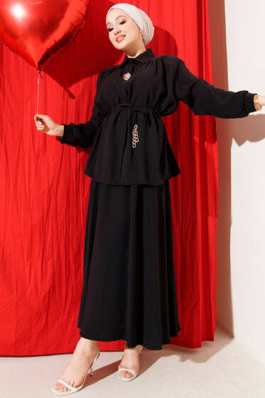 İp Kuşaklı Etekli Tensel İkili Takım Siyah - İkili Takım