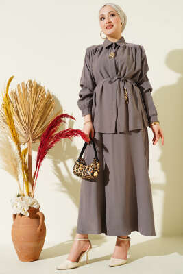 İp Kuşaklı Etekli Tensel İkili Takım Vizon - NESSİA