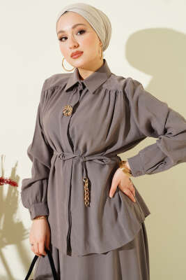 İp Kuşaklı Etekli Tensel İkili Takım Vizon - İkili Takım