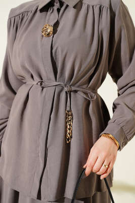 İp Kuşaklı Etekli Tensel İkili Takım Vizon - İkili Takım