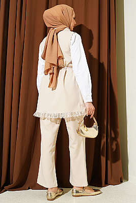 İp Kuşaklı Fırfırlı Dantelli Yelekli İkili Takım Bej - İkili Takım